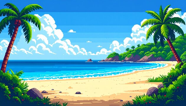 Landscape 8bit pixel art. Summer natural landscape. Summer ocean beach, scenery arcad