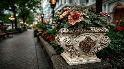 Ornate flower pot with flowers on a city sidewalk with trees.