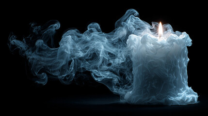 Fototapeta premium Close-up of a candle being blown out with curling smoke rising against dark background highlighting delicate movement, atmospheric mood, and soft lighting perfect for creative or lifestyle visuals