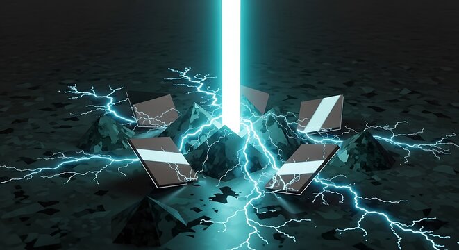 Energetic burst of light amidst floating geometrical shapes and lightning - Powered by Adobe