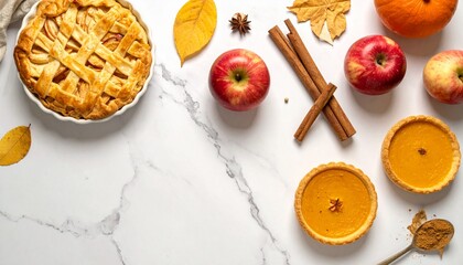 Delicious autumn desserts including apple pie and pumpkin tarts, surrounded by fresh apples, cinnamon sticks, and fall leaves on a white marble background.