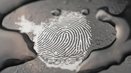 Macro view of a white fingerprint pattern on a dark wet surface depicting forensic investigation and biometric security identification - Powered by Adobe