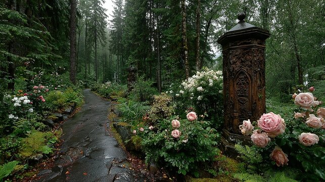 Path through lush garden with flowers and trees on an overcast day.