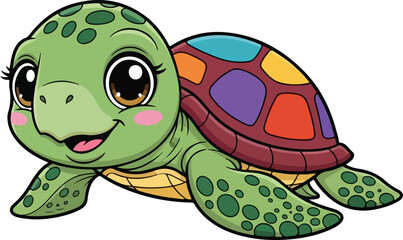 Cute cartoon sea turtle character with colorful shell isolated on white background for children's design