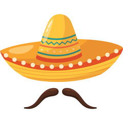 Yellow Sombrero Hat With Colorful Band And Brown Mustache On White Background Festive Mexican Party Accessory For Celebration Cinco De Mayo