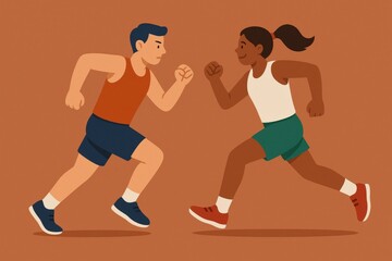 Fototapeta premium Dynamic Male and Female Athletes Competing in Sprint Race Expressing Determination and Strength against a Warm Earthy Background captured with clarity