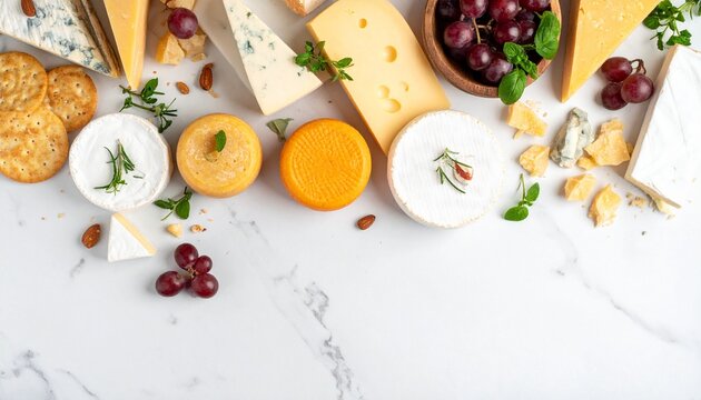 An overhead shot of a luxurious cheese platter featuring various types of cheese, crackers, red grapes, and almonds on a white marble background, perfect for a gourmet tasting.