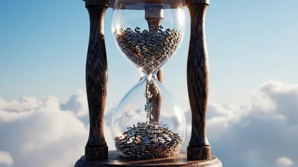Time is Money - Hourglass Filled with Coins Against a Cloudy Sky.