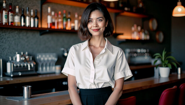 Hostess wearing white blouse and black skirt greeting patrons n a restaurant