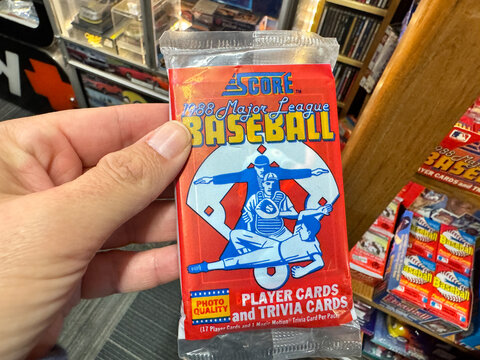 Mesa, Arizona - November 19, 2025: Vintage 1988 Score Major League Baseball cards pack, brand new