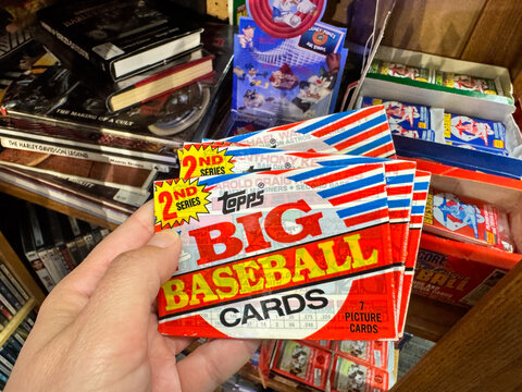 Mesa, Arizona - November 19, 2025: Vintage 1980s Topps brand Major League Baseball cards pack, brand new