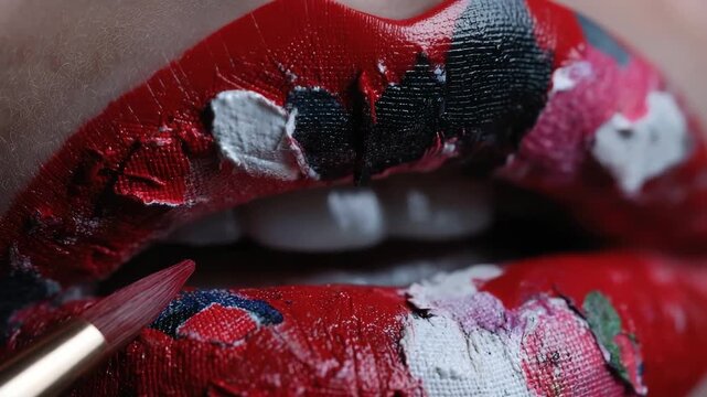 Generative AI. Close-up of vibrant, artistic lips adorned with colorful paint, showcasing a makeup brush applying bold hues, emphasizing creativity and self-expression in beauty art