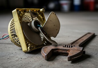 Worn electric fan with rusty spanner depicts disrepair and maintenance needs