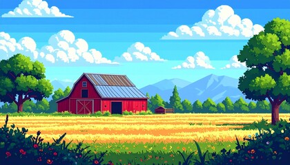 Pixel art arcade game scene with wood house, trees, fence and clouds_8bit background 