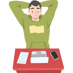 Young Man Relaxing With Hands Behind Head Wearing Green Hoodie Sitting At Red Desk With Papers Phone And Device With Transparent Background