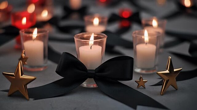 A solemn tribute with flickering candlelight, black ribbons of remembrance, and decorative golden stars