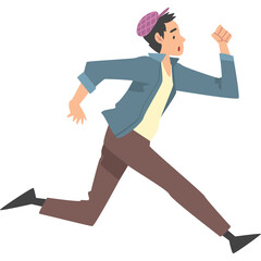 Young Man in Casual Blue Shirt and Brown Pants Running Fast with Pink Cap and Determined Expression in a Dynamic Pose Captured Mid-Stride Against a Clear Transparent Background