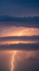 Dramatic lightning strikes illuminate a serene clouded twilight sky