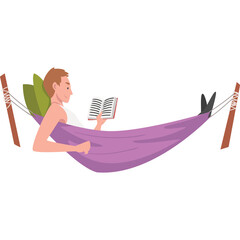 Young Man Relaxing Reading a Book in a Purple Hammock with Green Leaves Against a Transparent Background