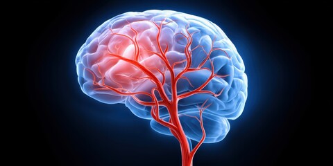 Concept of ischemic stroke. A colorful illustration of a human brain with visible blood vessels, showcasing neural connections and highlighting cognitive functions.
