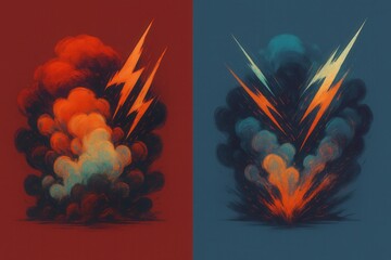 Explosive energy bursts captured in contrasting color palettes featuring dramatic lightning strikes engulfed in swirling smoke conveying power and intensity