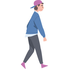 Young Man Walking Casually Wearing A Blue Jacket Grey Pants And Pink Sneakers With A Purple Cap Backward And A White Shirt Visible On A Transparent Background
