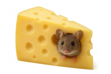 Mouse peeking from hole in yellow cheese block on transparent background, rodent hiding for snack