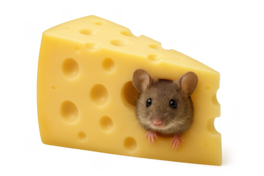 Mouse peeking from hole in yellow cheese block on transparent background, rodent hiding for snack