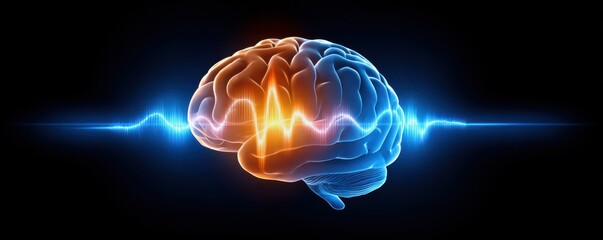 Concept of ischemic stroke. A stylized brain illustration with vibrant colors and sound wave patterns, symbolizing cognitive functions and neural activity.