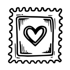 Paper stamp with heart vector illustration in doodle sketch style hand drawn line art in black and white. Simple art for valentines day design. Great for romantic card. Nice for love letter concept.