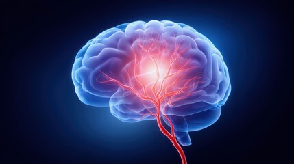Concept of ischemic stroke. A vibrant digital illustration of a brain with glowing neural connections, symbolizing thought, creativity, and cognitive processes.