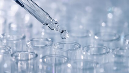 Close-up of a dropper dripping liquid into a test tube in a laboratory, Pharmaceutical and medical research concept
