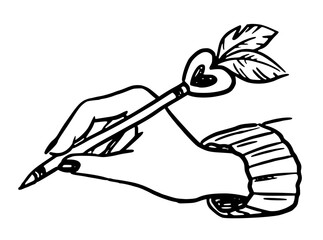 Writing woman hand with pencil vector illustration in doodle sketch style hand drawn outline in black and white. Simple art for valentines day design. Nice for romantic card. Great for creative note.