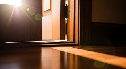 Sunlight streams through a partially opened door casting shadows
