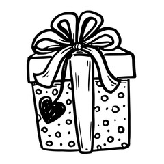 Gift box with heart and dot print vector illustration in doodle sketch style hand drawn outline in black and white. Cute symbol for valentines day design. Great for Christmas card. Ideal for birthday.