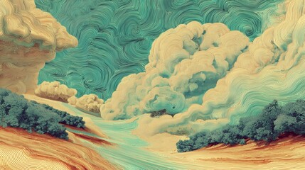 Surreal calming brain landscape with flowing energy waves in motion