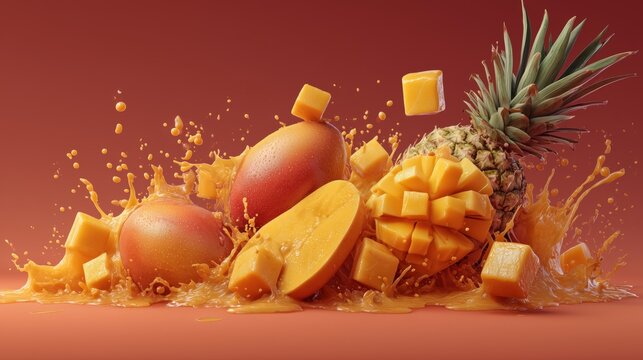 Photorealistic vibrant fruit explosion with mango and pineapple flatlay