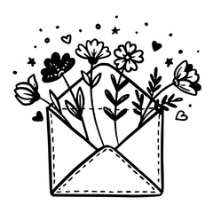 Open envelope with flowers vector illustration in doodle sketch style hand drawn outline in black and white. Cute romantic symbol for valentine card. Perfect for wedding design. Good for greeting.