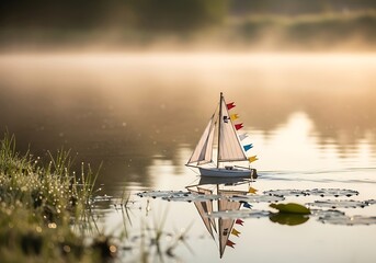 Miniature sailboat on the calm lake with fog in background at sunrise