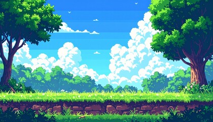 Pixel art game scene with ground, grass, trees, sky, clouds, male character, 2d 8bit 