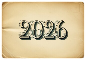 Vintage style 2026 text on aged paper background, elegant old-fashioned typography for a throwback greeting card or poster design