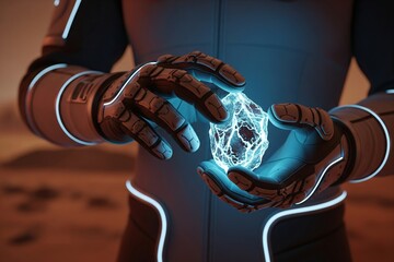 Astronaut hands holding glowing neon blue alien rock sample on a distant planet exploration mission