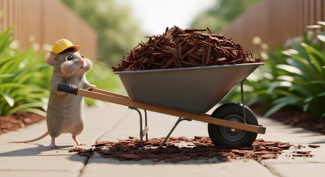 Mouse wearing a yellow hard hat pushing a wheelbarrow filled with mulch in a garden. Gardening and diy maintenance concept for backyard and home renovation. - Powered by Adobe