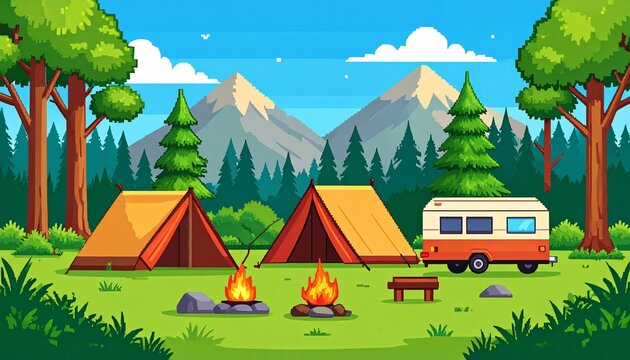 Pixel art camping landscape with tent, trailer, campfire, pine trees background