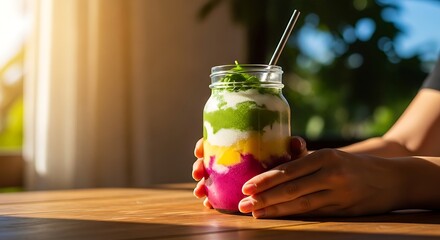 Refreshing layered smoothie jar in hand, vibrant colors and sunny mood