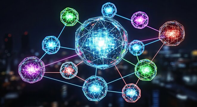 Explore dynamic network connections with vibrant neon nodes, perfect for tech innovation and modern communication solutions, adding a futuristic spark to your project