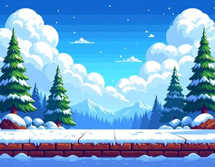 Pixel art game scene in snow with pine trees, clouds, indicative board 8bit backgroun