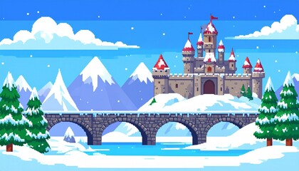 Winter Fantasy Pixel Art Landscape game level background with bridge and destroyed