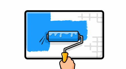 Cartoon wall painting icon, paint roller applying color on wall