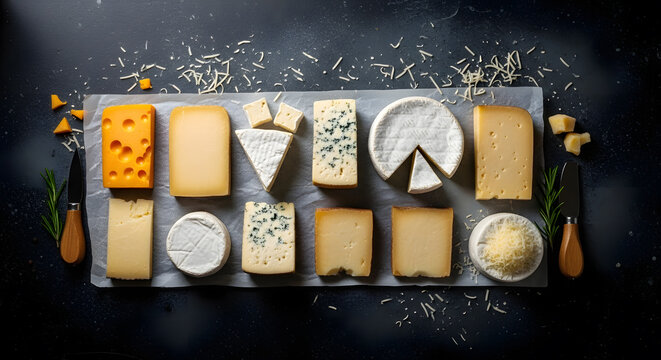 An overhead view of a diverse selection of gourmet cheeses, including blocks, wedges, and rounds, artfully arranged on a board with herbs and grated cheese.